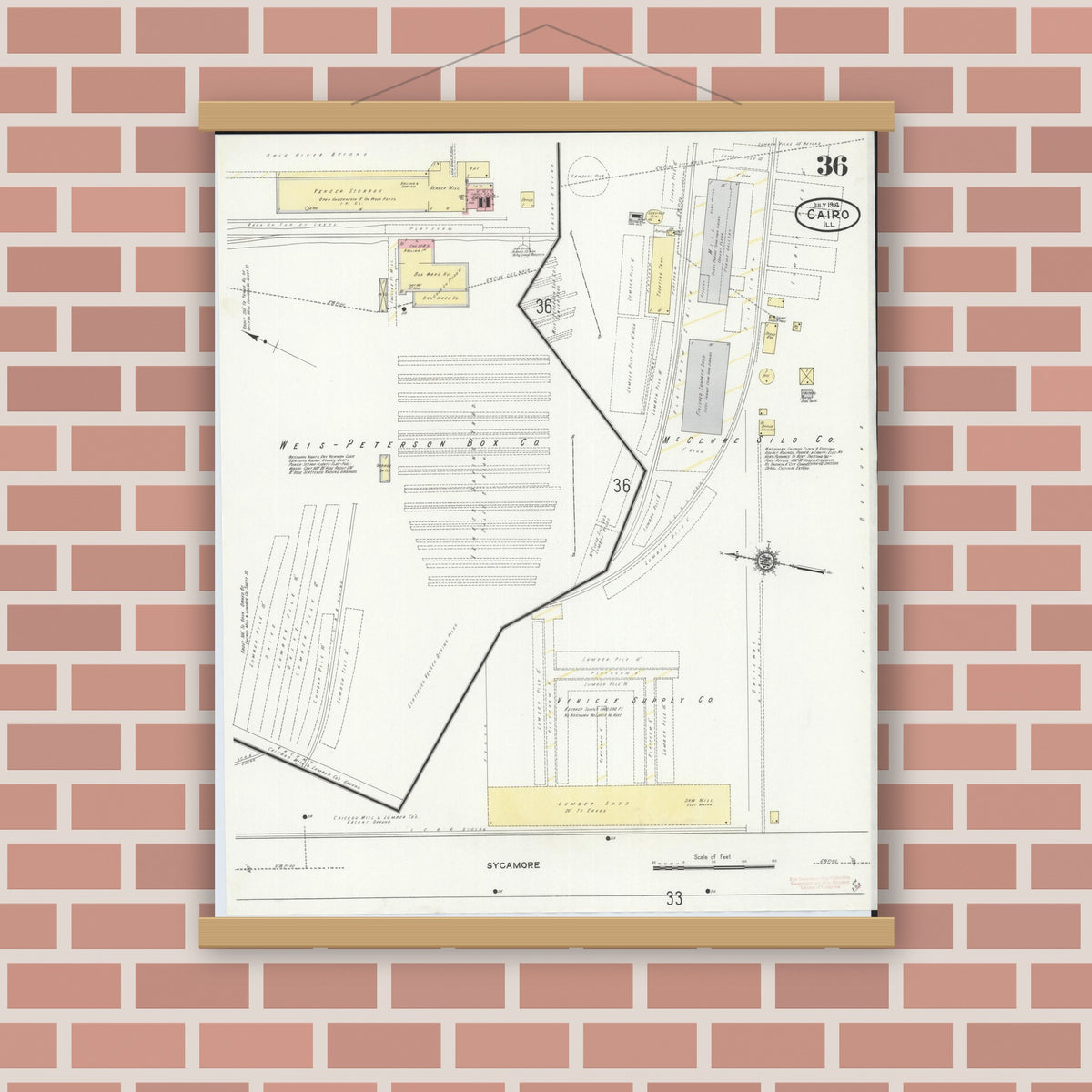 Old map wall art mockup — magnetic wood frame on brick wall — Sanborn Fire Insurance Map from Cairo, Alexander County, Illinois (1914), Sheet #0036