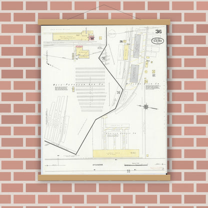 Old map wall art mockup — magnetic wood frame on brick wall — Sanborn Fire Insurance Map from Cairo, Alexander County, Illinois (1914), Sheet #0036