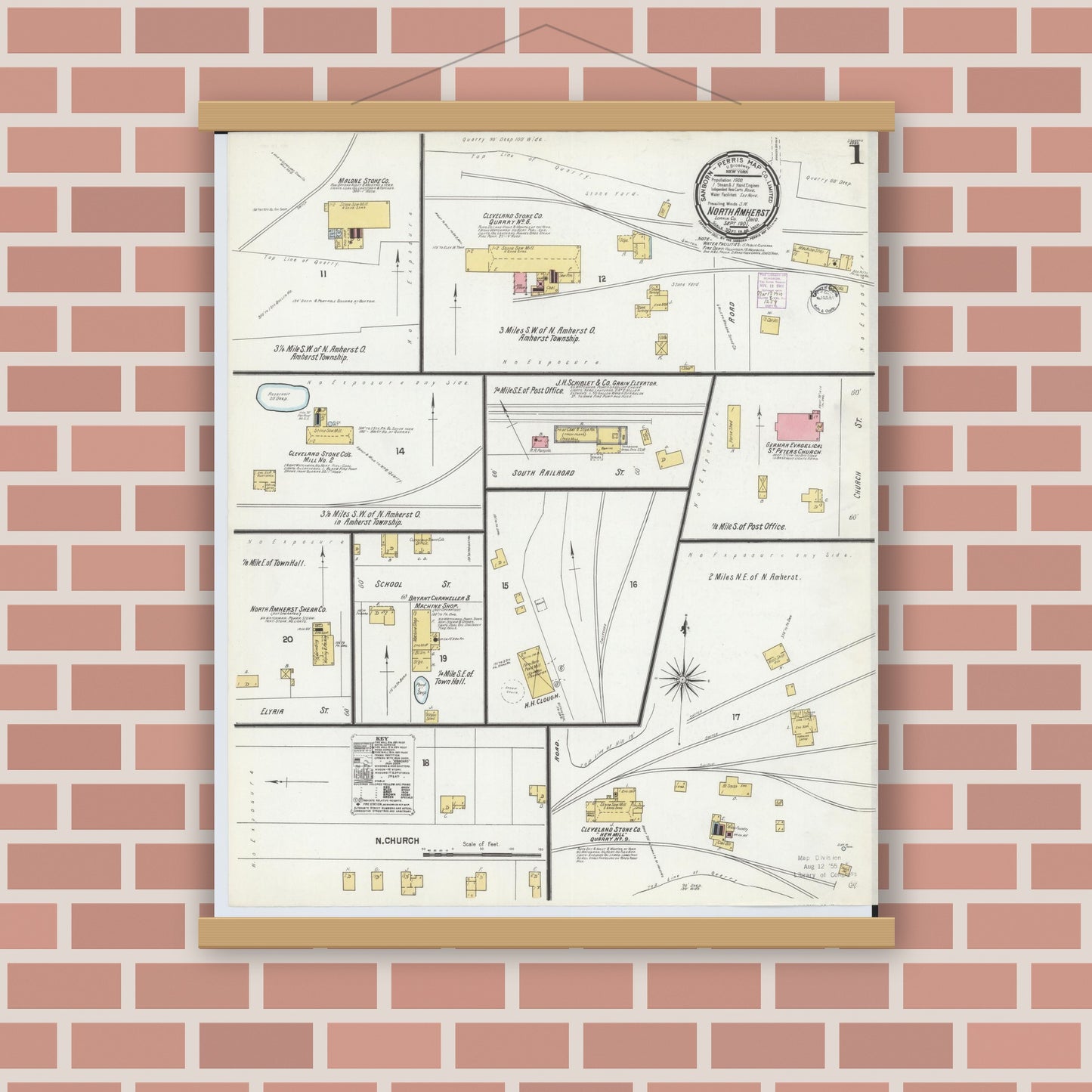 Old map wall art mockup — magnetic wood frame on brick wall — Sanborn Fire Insurance Map from North Amherst, Lorain County, Ohio (1901), Sheet #0001