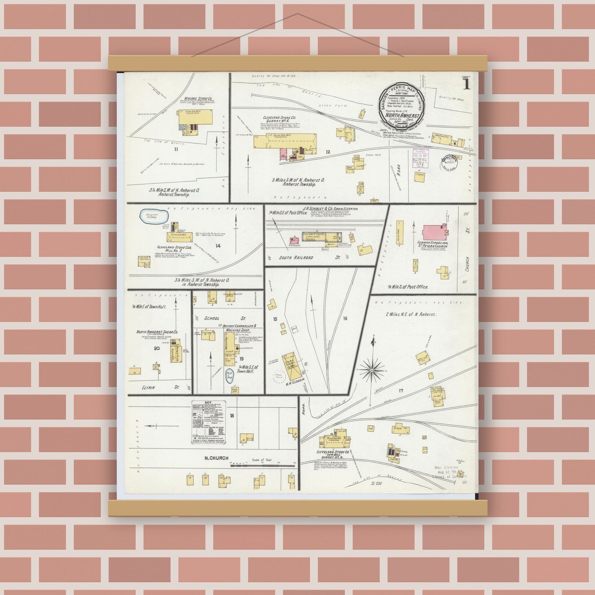 Old map wall art mockup — magnetic wood frame on brick wall — Sanborn Fire Insurance Map from North Amherst, Lorain County, Ohio (1901), Sheet #0001