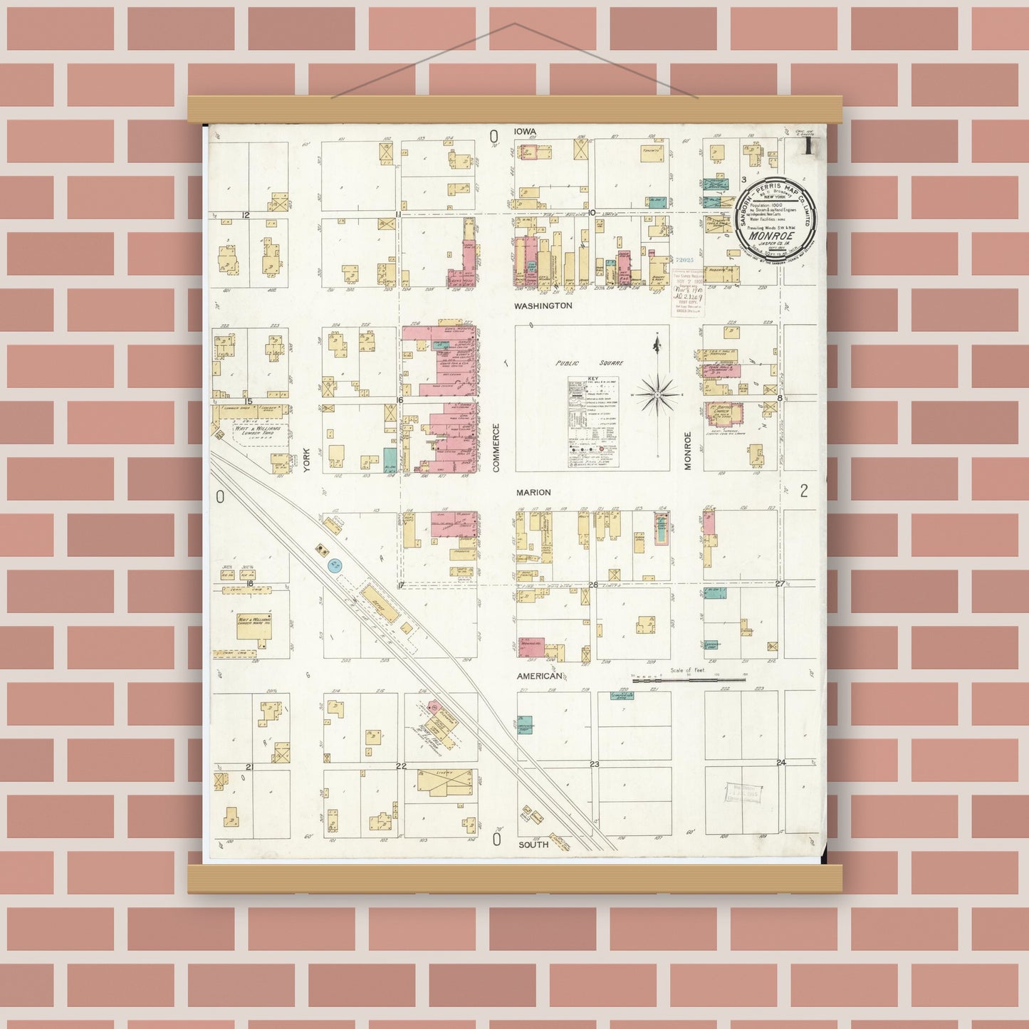 Old map wall art mockup — magnetic wood frame on brick wall — Sanborn Fire Insurance Map from Monroe, Jasper County, Iowa (1900), Sheet #0001