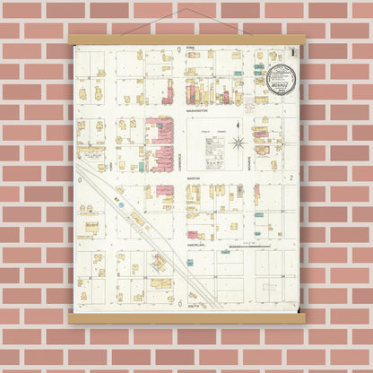 Old map wall art mockup — magnetic wood frame on brick wall — Sanborn Fire Insurance Map from Monroe, Jasper County, Iowa (1900), Sheet #0001