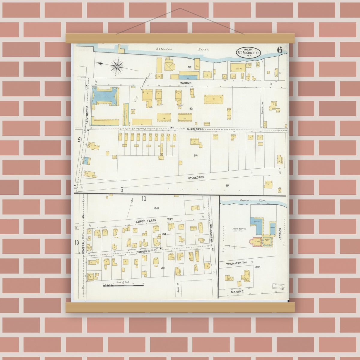 Old map wall art mockup — magnetic wood frame on brick wall — Sanborn Fire Insurance Map from Saint Augustine, Saint John's County, Florida (1904), Sheet #0006