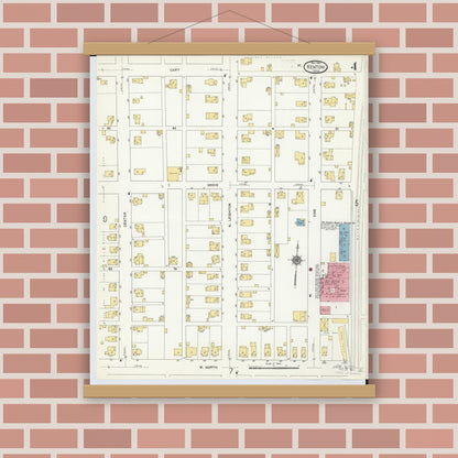 Old map wall art mockup — magnetic wood frame on brick wall — Sanborn Fire Insurance Map from Kenton, Hardin County, Ohio (1911), Sheet #0004