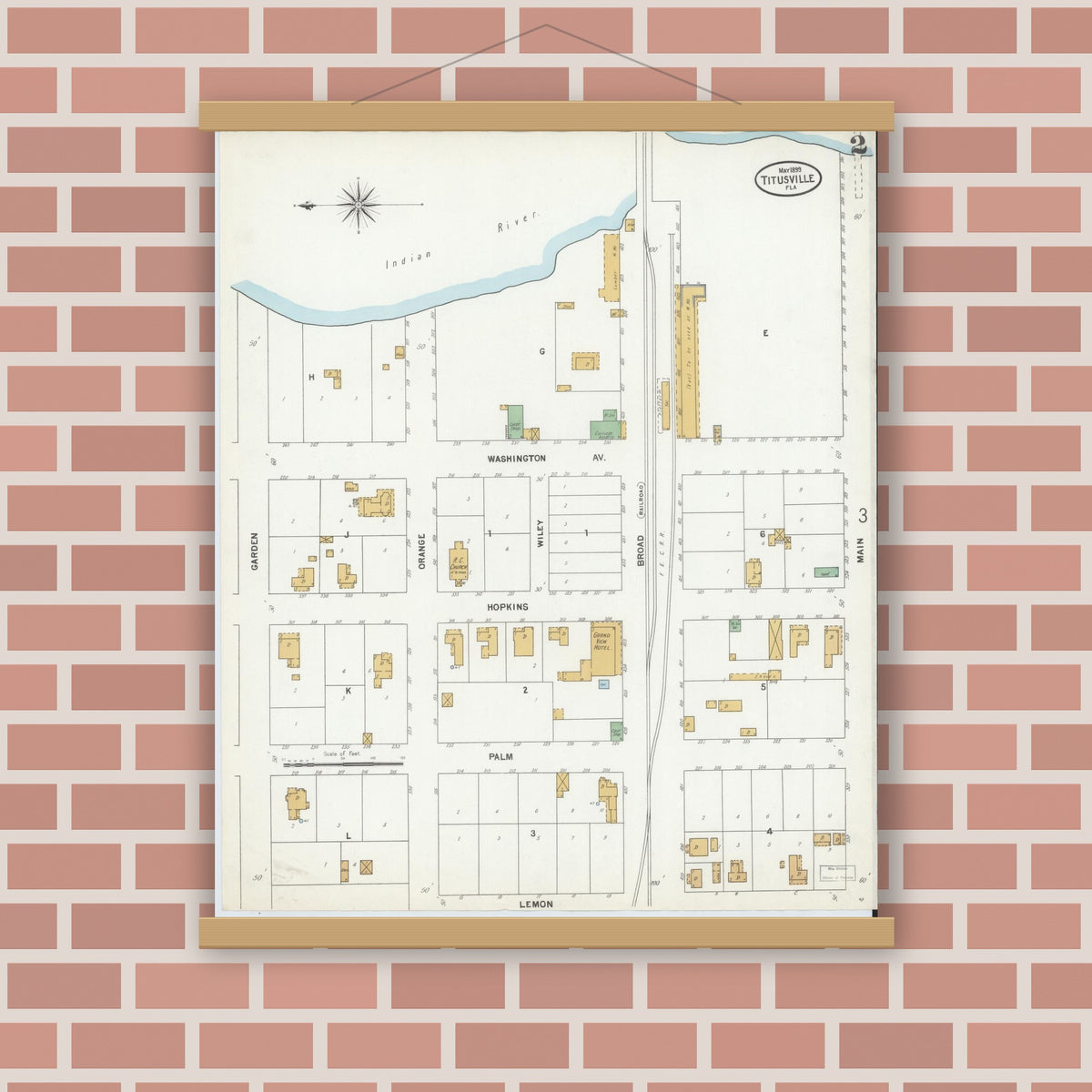 Old map wall art mockup — magnetic wood frame on brick wall — Sanborn Fire Insurance Map from Titusville, Brevard County, Florida (1899), Sheet #0002