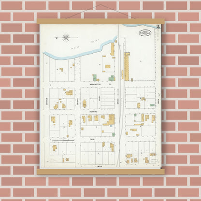 Old map wall art mockup — magnetic wood frame on brick wall — Sanborn Fire Insurance Map from Titusville, Brevard County, Florida (1899), Sheet #0002