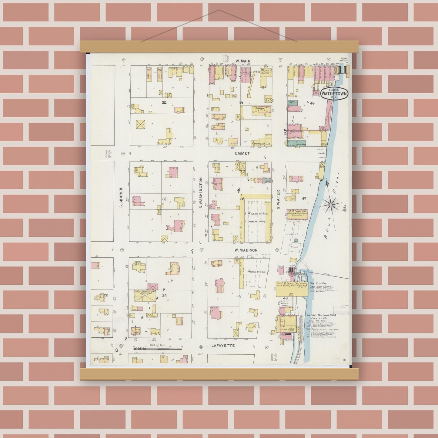 Old map wall art mockup — magnetic wood frame on brick wall — Sanborn Fire Insurance Map from Watertown, Jefferson County, Wisconsin (1895), Sheet #0011
