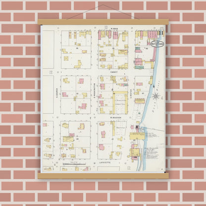 Old map wall art mockup — magnetic wood frame on brick wall — Sanborn Fire Insurance Map from Watertown, Jefferson County, Wisconsin (1895), Sheet #0011