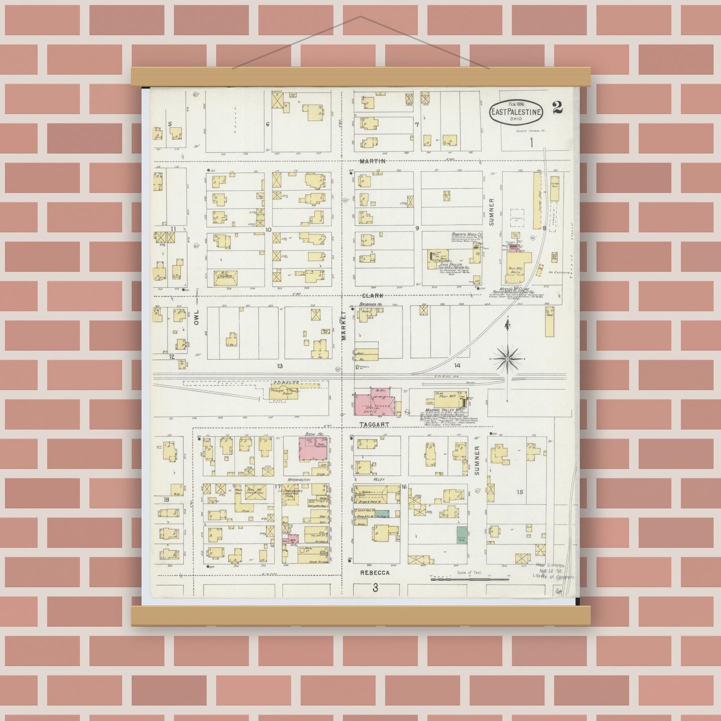 Old map wall art mockup — magnetic wood frame on brick wall — Sanborn Fire Insurance Map from East Palestine, Columbiana County, Ohio (1896), Sheet #0002