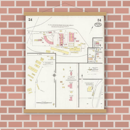 Old map wall art mockup — magnetic wood frame on brick wall — Sanborn Fire Insurance Map from Tyler, Smith County, Texas (1928), Sheet #0024