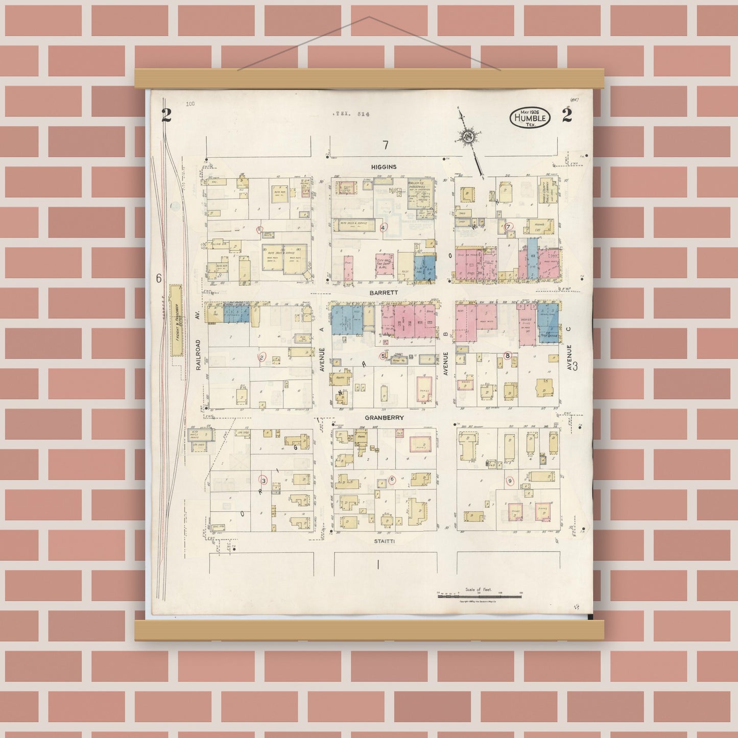 Old map wall art mockup — magnetic wood frame on brick wall — Sanborn Fire Insurance Map from Humble, Harris County, Texas (1940), Sheet #0002