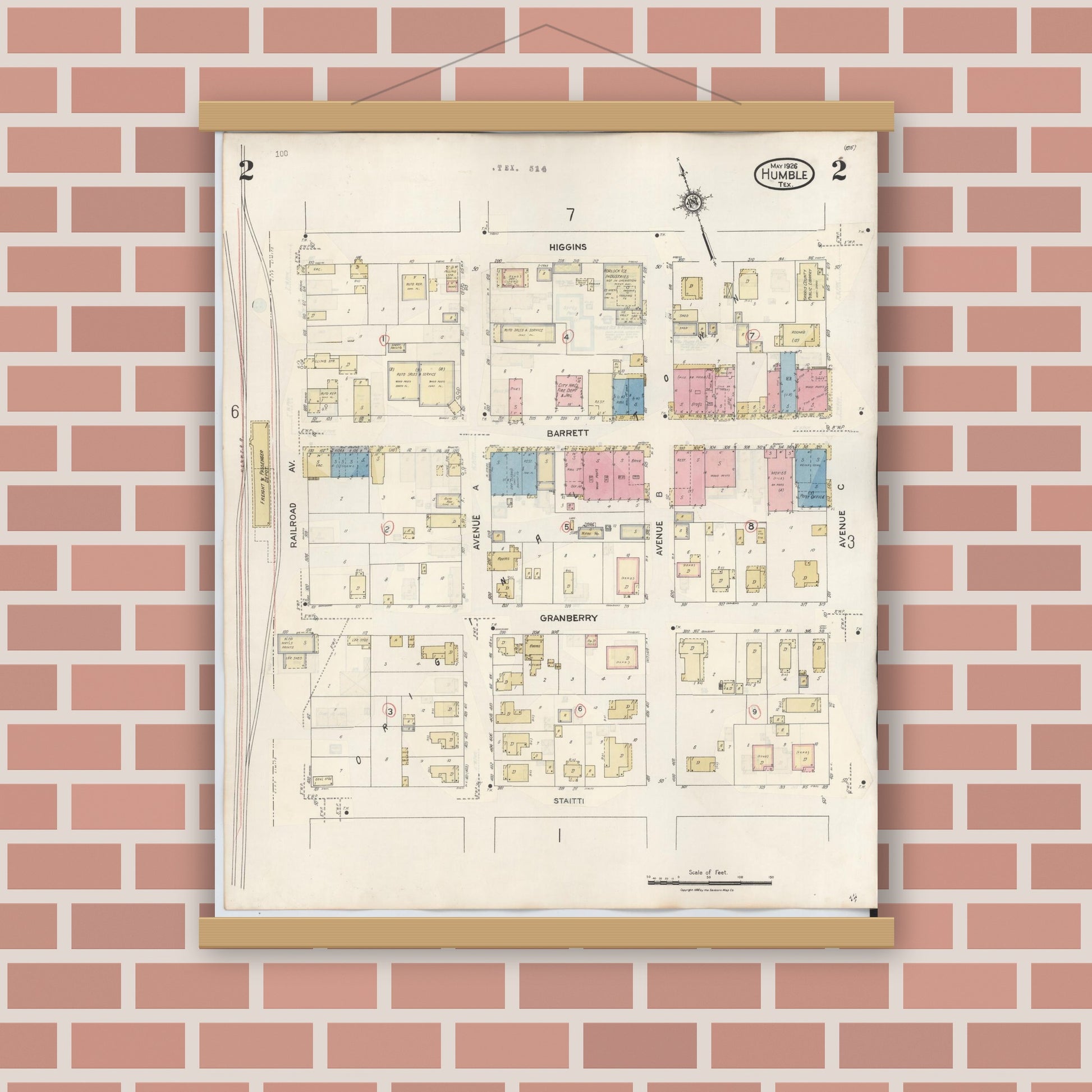 Old map wall art mockup — magnetic wood frame on brick wall — Sanborn Fire Insurance Map from Humble, Harris County, Texas (1940), Sheet #0002
