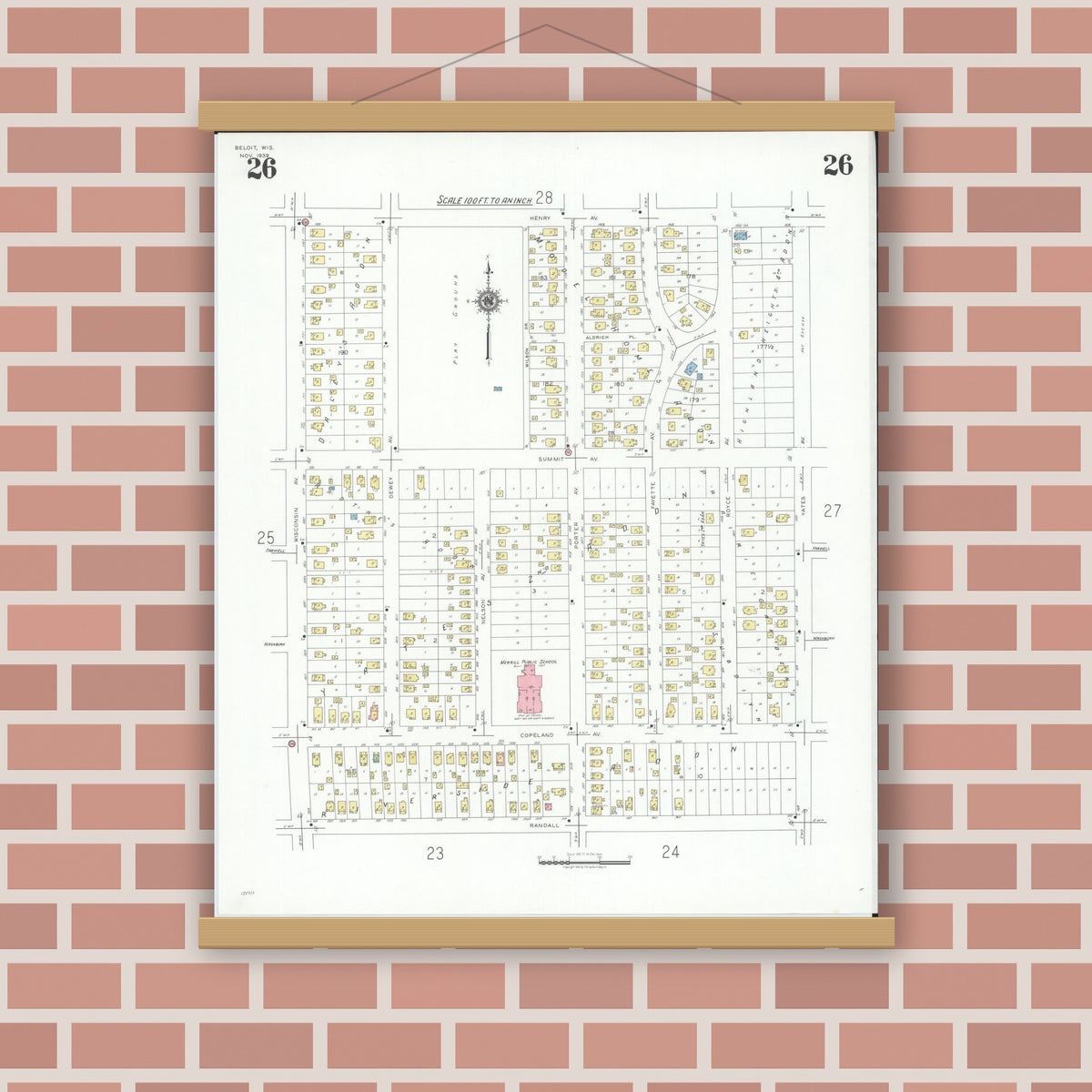 Old map wall art mockup — magnetic wood frame on brick wall — Sanborn Fire Insurance Map from Beloit, Rock County, Wisconsin (1939), Sheet #0026