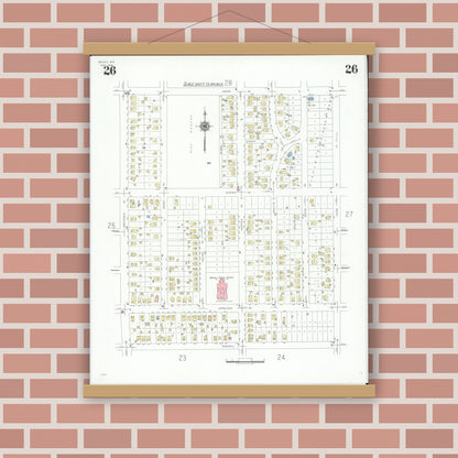 Old map wall art mockup — magnetic wood frame on brick wall — Sanborn Fire Insurance Map from Beloit, Rock County, Wisconsin (1939), Sheet #0026