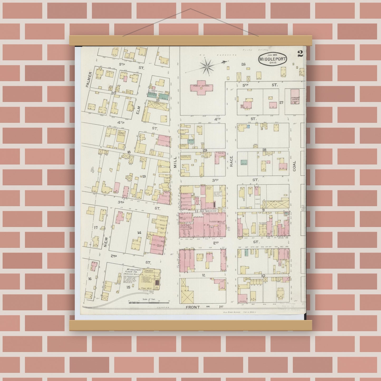 Old map wall art mockup — magnetic wood frame on brick wall — Sanborn Fire Insurance Map from Middleport, Meigs County, Ohio (1893), Sheet #0002