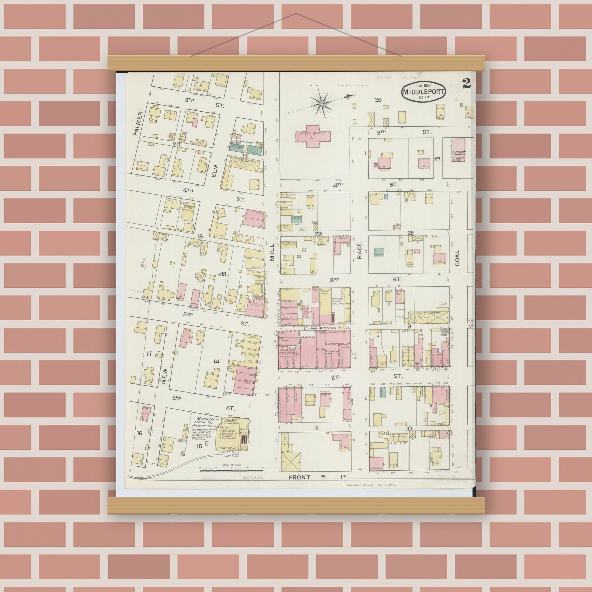 Old map wall art mockup — magnetic wood frame on brick wall — Sanborn Fire Insurance Map from Middleport, Meigs County, Ohio (1893), Sheet #0002