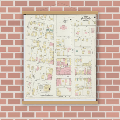 Old map wall art mockup — magnetic wood frame on brick wall — Sanborn Fire Insurance Map from Middleport, Meigs County, Ohio (1893), Sheet #0002