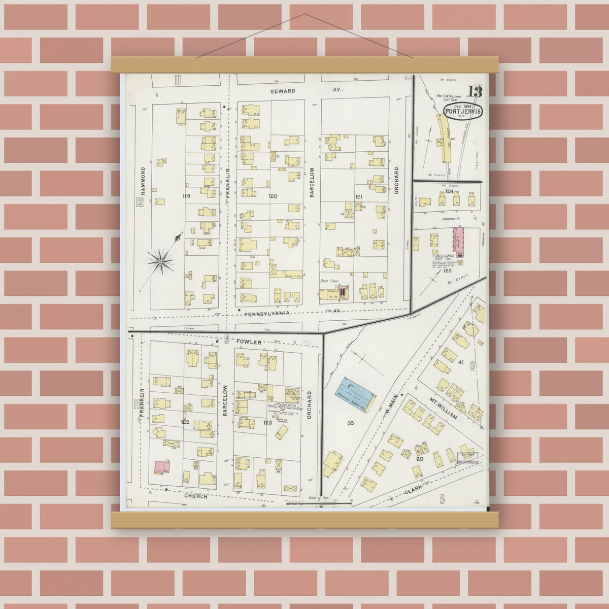 Old map wall art mockup — magnetic wood frame on brick wall — Sanborn Fire Insurance Map from Port Jervis, Orange County, New York (1894), Sheet #0013