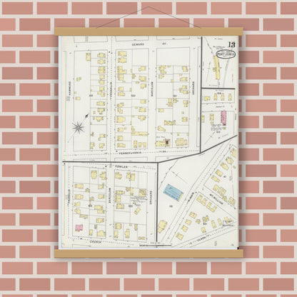 Old map wall art mockup — magnetic wood frame on brick wall — Sanborn Fire Insurance Map from Port Jervis, Orange County, New York (1894), Sheet #0013