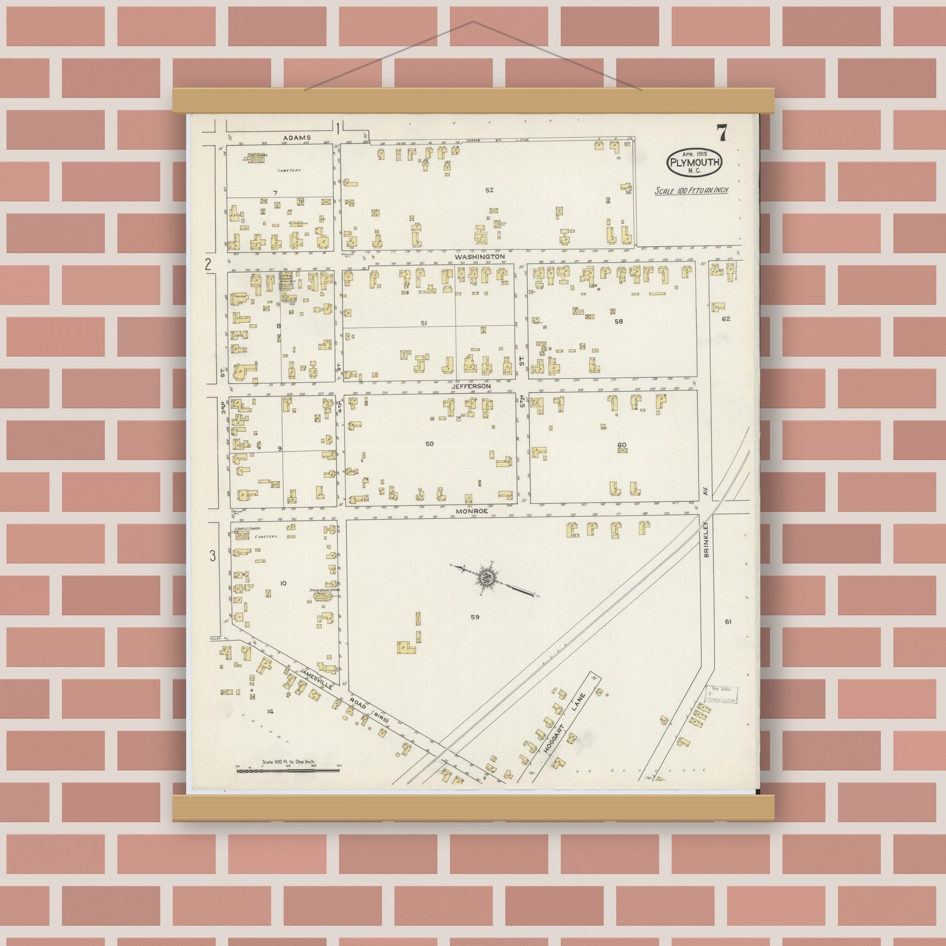 Old map wall art mockup — magnetic wood frame on brick wall — Sanborn Fire Insurance Map from Plymouth, Washington County, North Carolina (1915), Sheet #0007