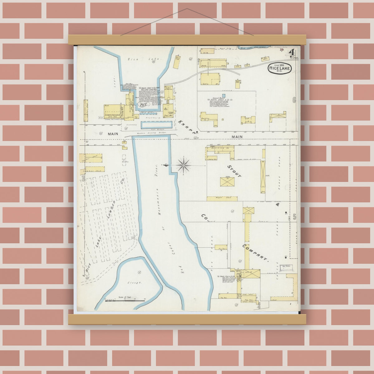 Old map wall art mockup — magnetic wood frame on brick wall — Sanborn Fire Insurance Map from Rice Lake, Barron County, Wisconsin (1893), Sheet #0004
