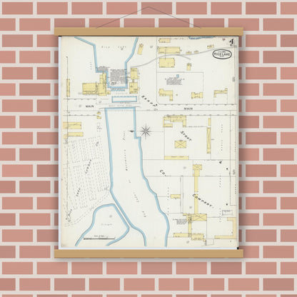 Old map wall art mockup — magnetic wood frame on brick wall — Sanborn Fire Insurance Map from Rice Lake, Barron County, Wisconsin (1893), Sheet #0004