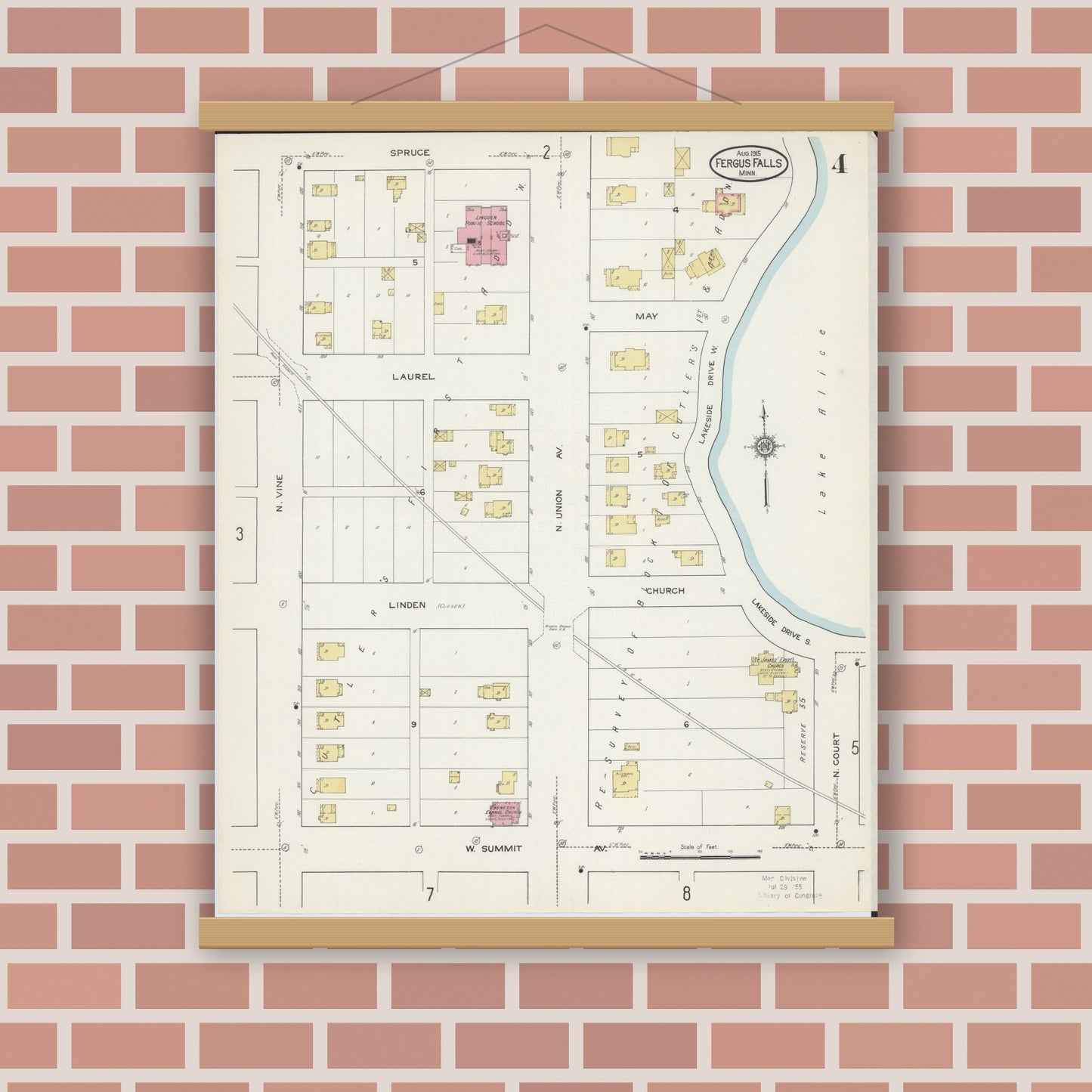Old map wall art mockup — magnetic wood frame on brick wall — Sanborn Fire Insurance Map from Fergus Falls, Otter Tail County, Minnesota (1915), Sheet #0004