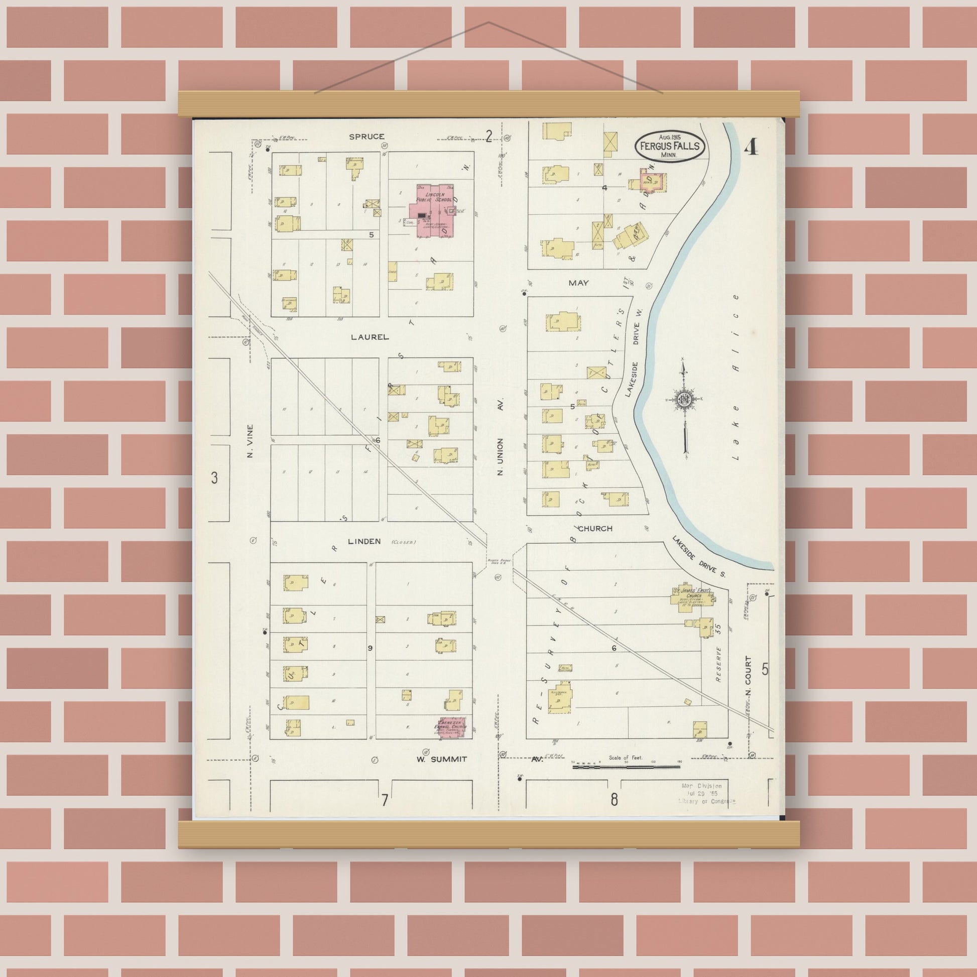 Old map wall art mockup — magnetic wood frame on brick wall — Sanborn Fire Insurance Map from Fergus Falls, Otter Tail County, Minnesota (1915), Sheet #0004