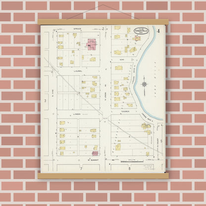 Old map wall art mockup — magnetic wood frame on brick wall — Sanborn Fire Insurance Map from Fergus Falls, Otter Tail County, Minnesota (1915), Sheet #0004