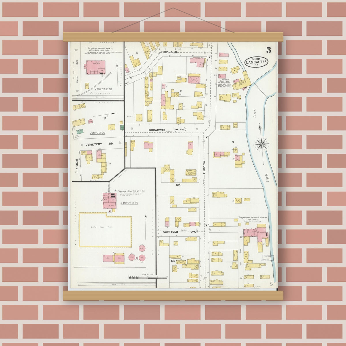 Old map wall art mockup — magnetic wood frame on brick wall — Sanborn Fire Insurance Map from Lancaster, Erie County, New York (1904), Sheet #0005