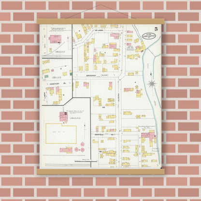 Old map wall art mockup — magnetic wood frame on brick wall — Sanborn Fire Insurance Map from Lancaster, Erie County, New York (1904), Sheet #0005
