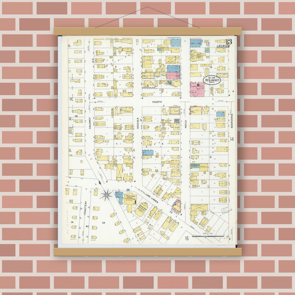 Old map wall art mockup — magnetic wood frame on brick wall — Sanborn Fire Insurance Map from Red Jacket, Houghton County, Michigan (1908), Sheet #0013