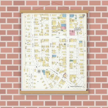 Old map wall art mockup — magnetic wood frame on brick wall — Sanborn Fire Insurance Map from Red Jacket, Houghton County, Michigan (1908), Sheet #0013