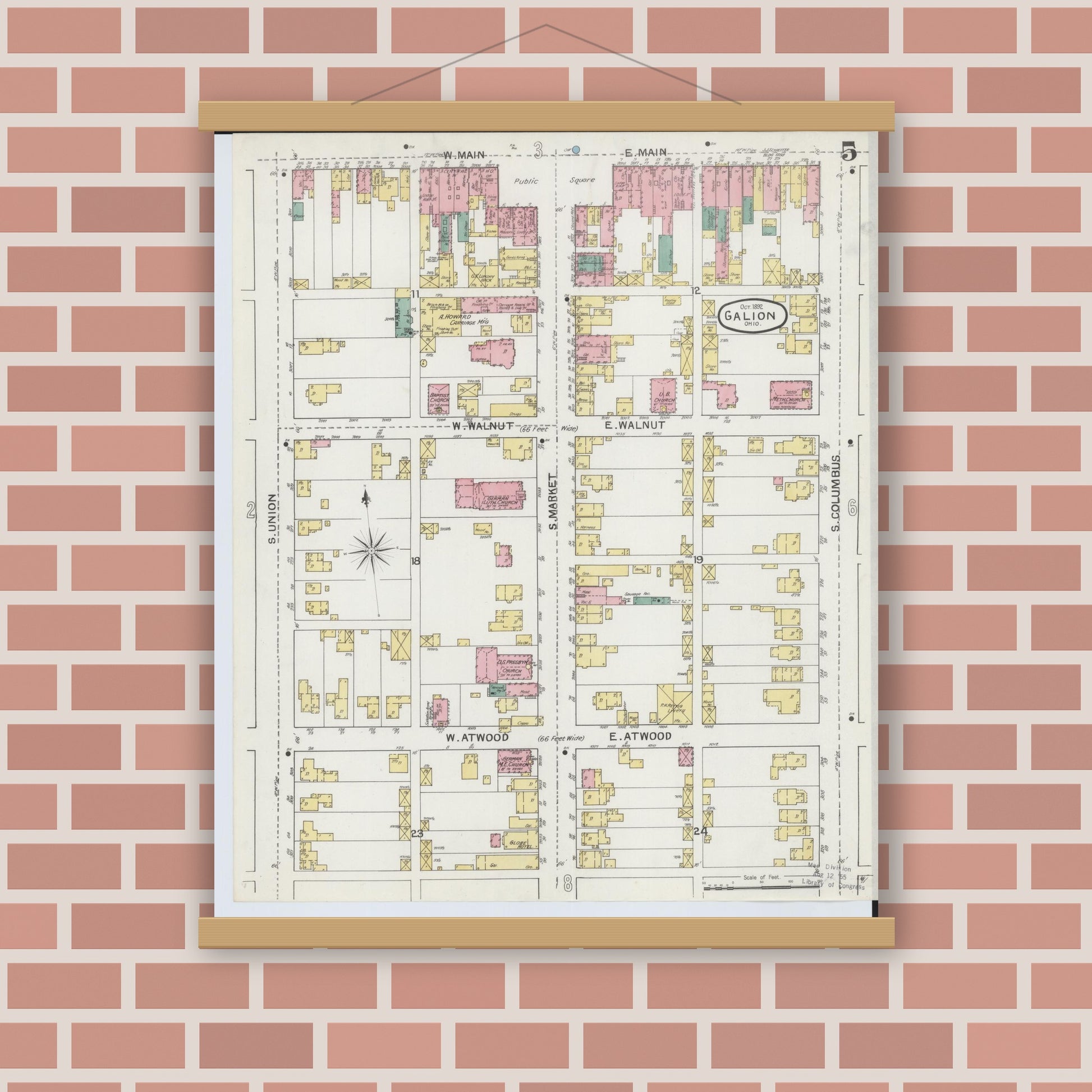 Old map wall art mockup — magnetic wood frame on brick wall — Sanborn Fire Insurance Map from Galion, Crawford County, Ohio (1892), Sheet #0005