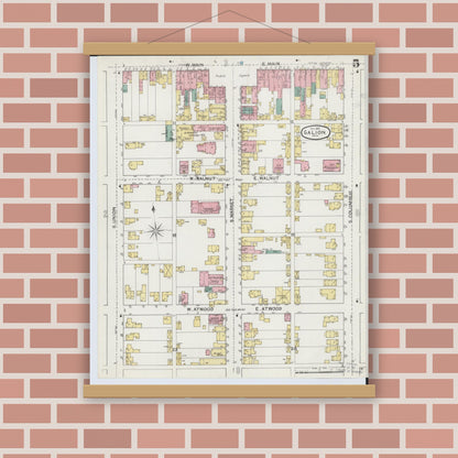 Old map wall art mockup — magnetic wood frame on brick wall — Sanborn Fire Insurance Map from Galion, Crawford County, Ohio (1892), Sheet #0005