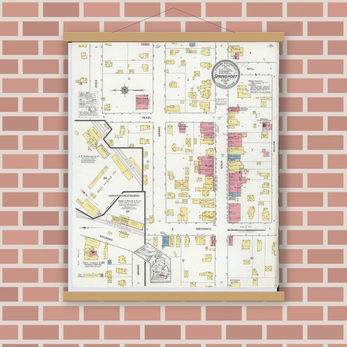 Old map wall art mockup — magnetic wood frame on brick wall — Sanborn Fire Insurance Map from Springport, Jackson County, Michigan (1918), Sheet #0001