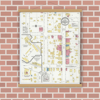Old map wall art mockup — magnetic wood frame on brick wall — Sanborn Fire Insurance Map from Springport, Jackson County, Michigan (1918), Sheet #0001