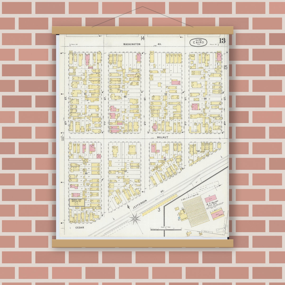 Old map wall art mockup — magnetic wood frame on brick wall — Sanborn Fire Insurance Map from Cairo, Alexander County, Illinois (1896), Sheet #0013