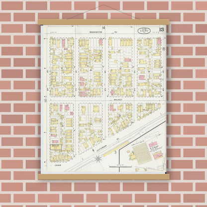 Old map wall art mockup — magnetic wood frame on brick wall — Sanborn Fire Insurance Map from Cairo, Alexander County, Illinois (1896), Sheet #0013