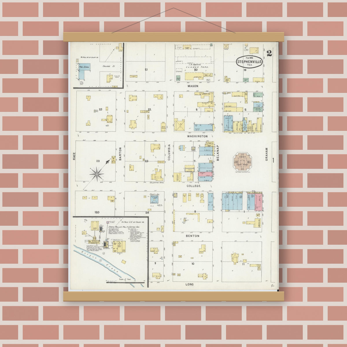 Old map wall art mockup — magnetic wood frame on brick wall — Sanborn Fire Insurance Map from Stephenville, Erath County, Texas (1896), Sheet #0002