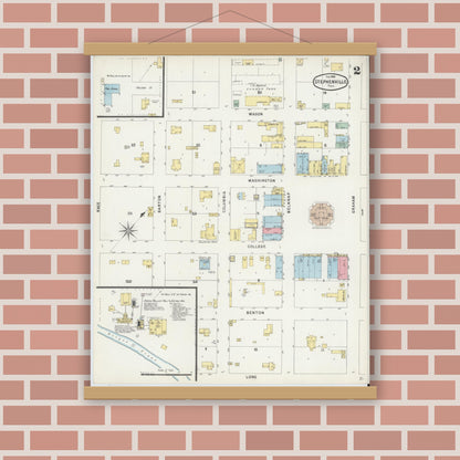 Old map wall art mockup — magnetic wood frame on brick wall — Sanborn Fire Insurance Map from Stephenville, Erath County, Texas (1896), Sheet #0002
