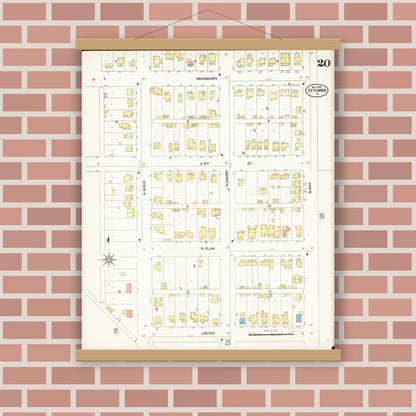 Old map wall art mockup — magnetic wood frame on brick wall — Sanborn Fire Insurance Map from Ottumwa, Wapello County, Iowa (1902), Sheet #0020