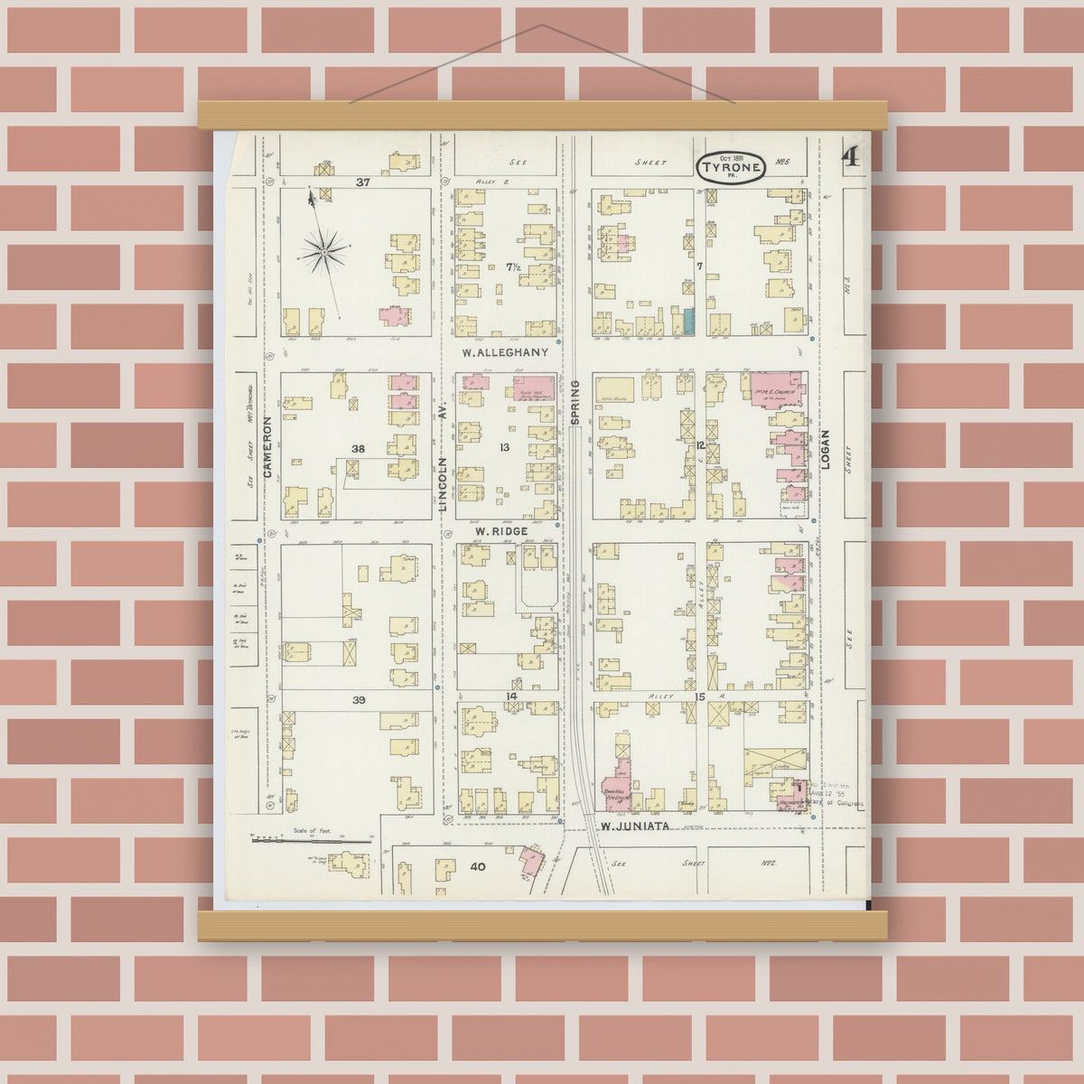 Old map wall art mockup — magnetic wood frame on brick wall — Sanborn Fire Insurance Map from Tyrone, Blair County, Pennsylvania (1891), Sheet #0004