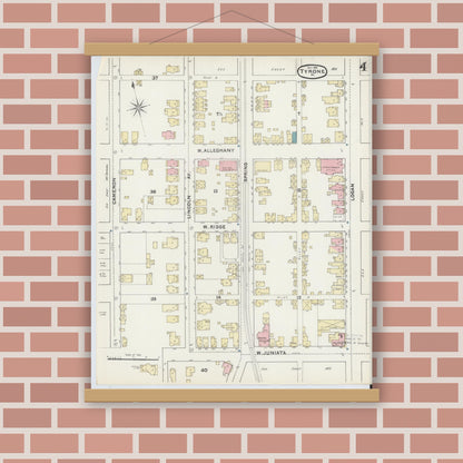 Old map wall art mockup — magnetic wood frame on brick wall — Sanborn Fire Insurance Map from Tyrone, Blair County, Pennsylvania (1891), Sheet #0004