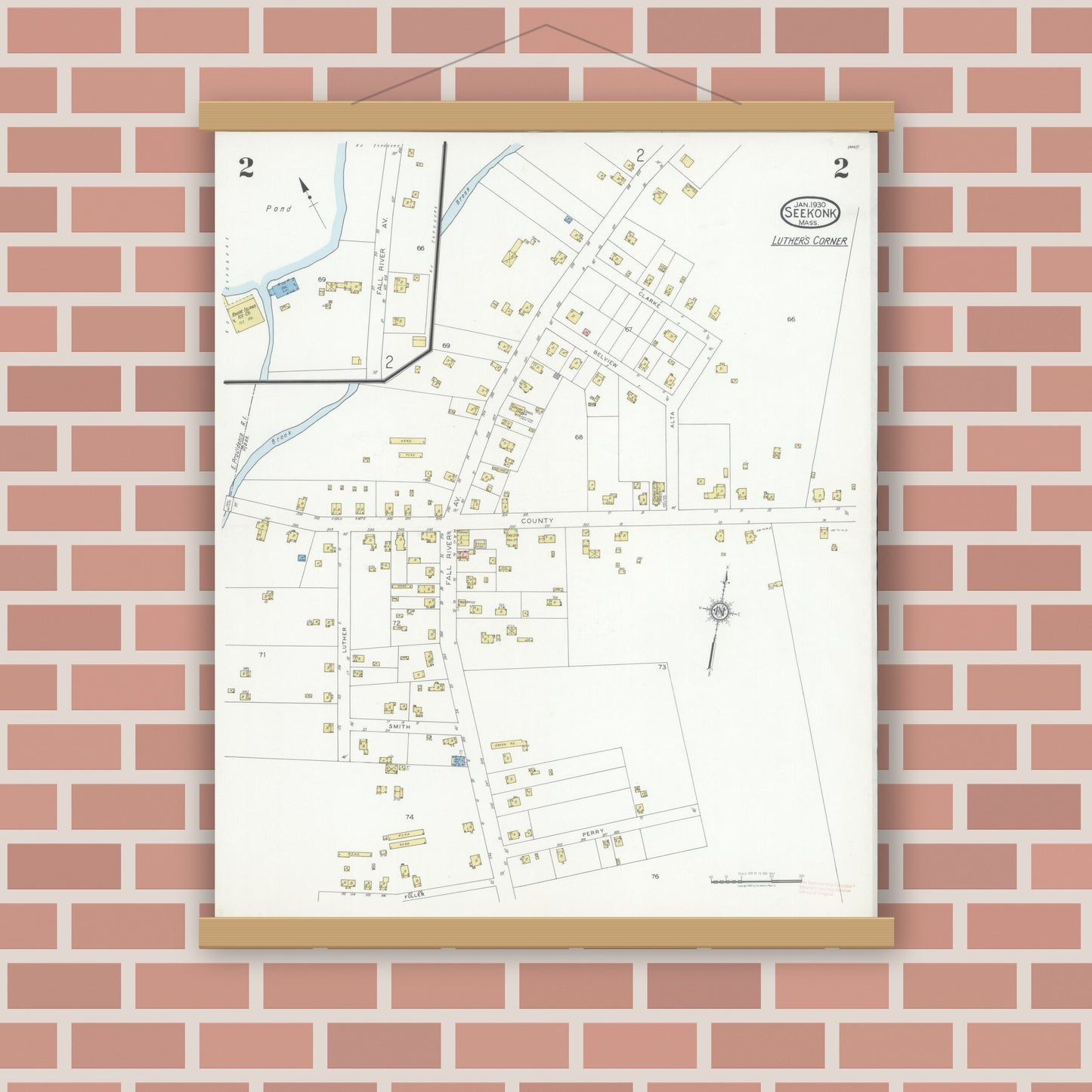 Old map wall art mockup — magnetic wood frame on brick wall — Sanborn Fire Insurance Map from Seekonk, Bristol County, Massachusetts (1930), Sheet #0002