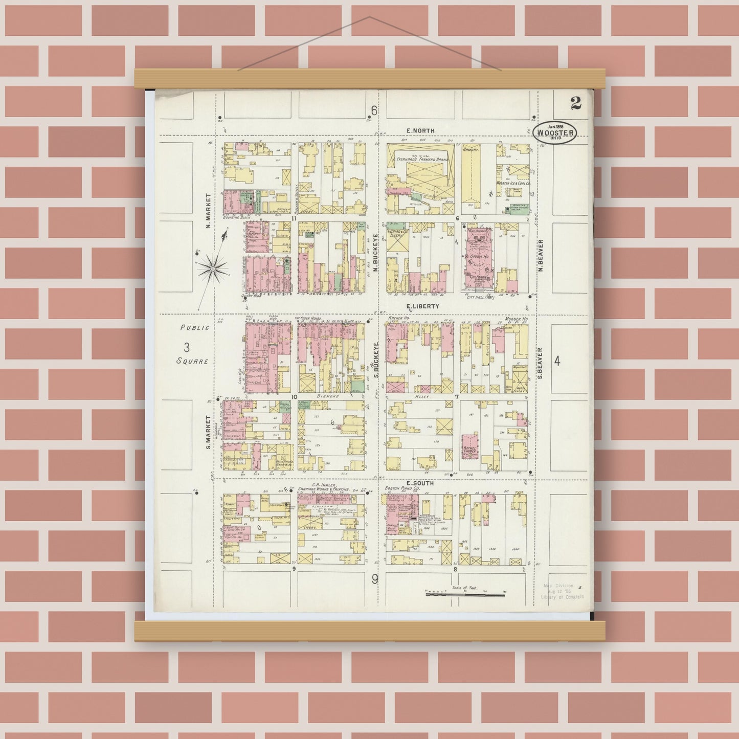 Old map wall art mockup — magnetic wood frame on brick wall — Sanborn Fire Insurance Map from Wooster, Wayne County, Ohio (1898), Sheet #0002