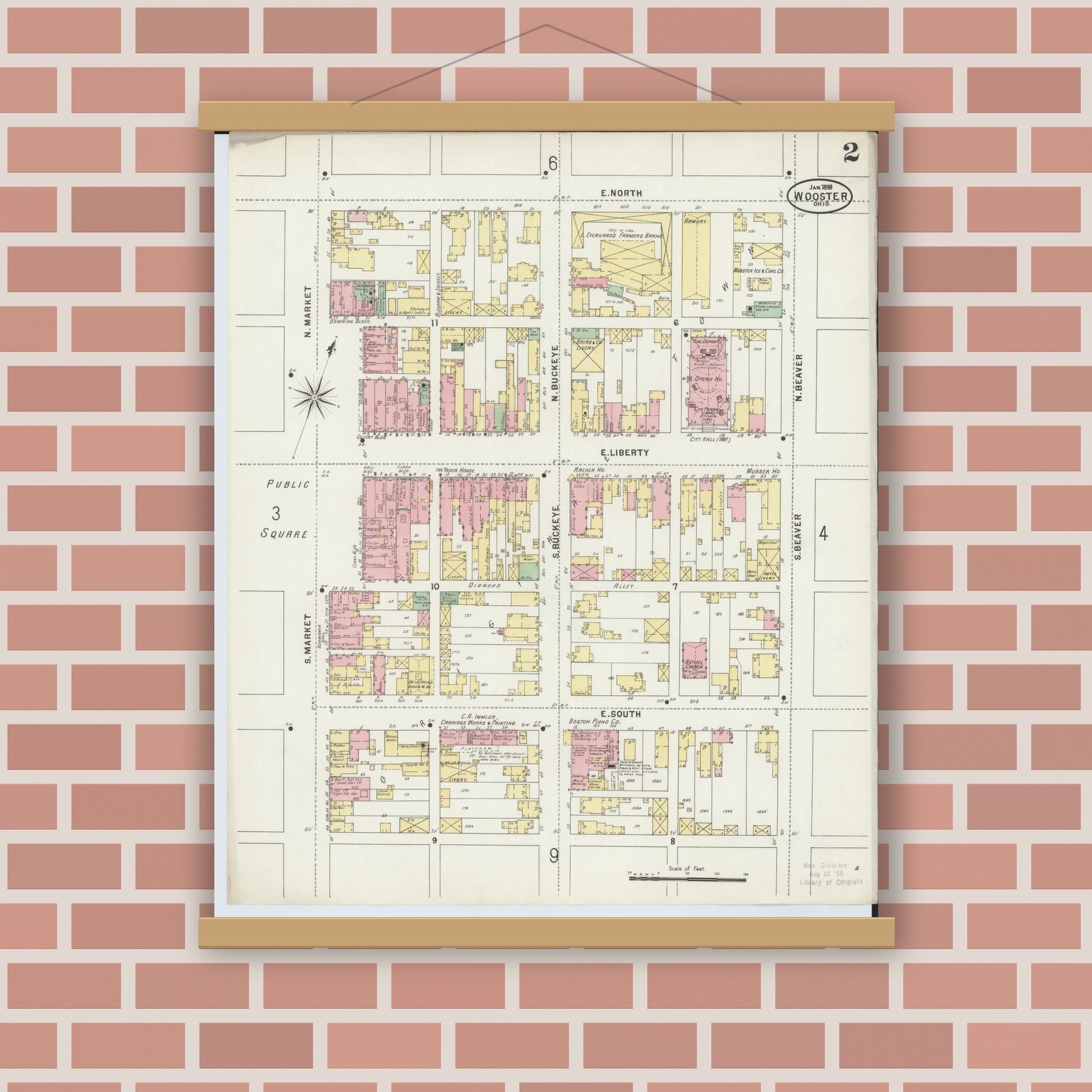 Old map wall art mockup — magnetic wood frame on brick wall — Sanborn Fire Insurance Map from Wooster, Wayne County, Ohio (1898), Sheet #0002