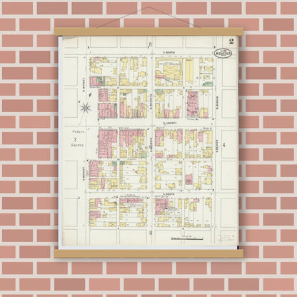 Old map wall art mockup — magnetic wood frame on brick wall — Sanborn Fire Insurance Map from Wooster, Wayne County, Ohio (1898), Sheet #0002