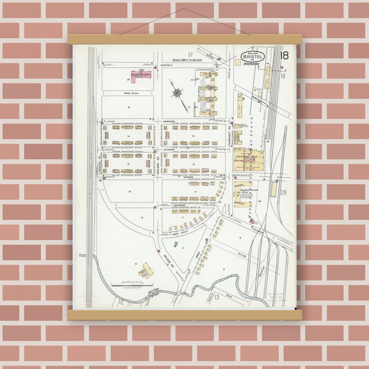 Old map wall art mockup — magnetic wood frame on brick wall — Sanborn Fire Insurance Map from Bristol, Bucks County, Pennsylvania (1927), Sheet #0018