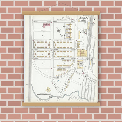 Old map wall art mockup — magnetic wood frame on brick wall — Sanborn Fire Insurance Map from Bristol, Bucks County, Pennsylvania (1927), Sheet #0018